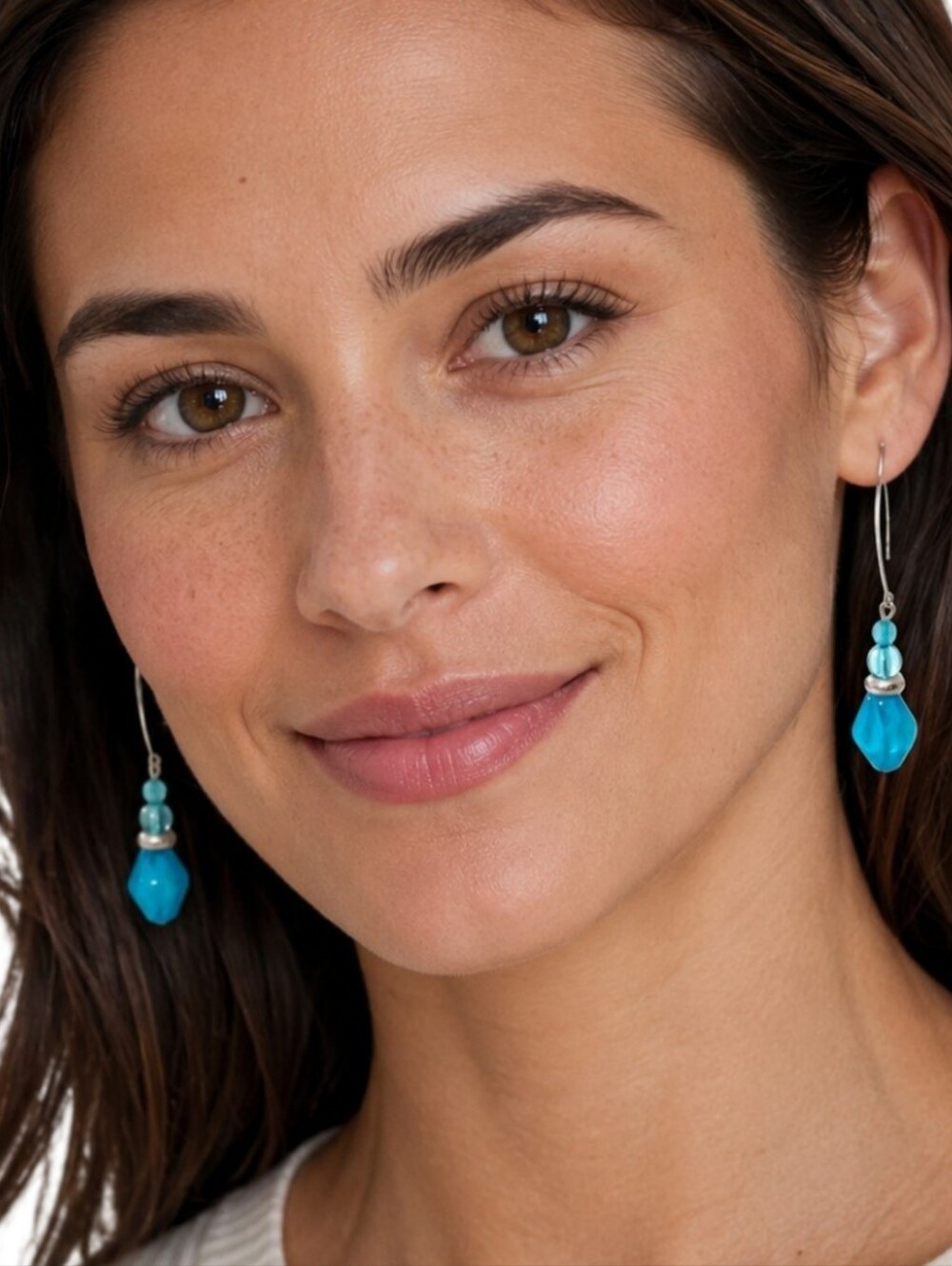 Y2K Turquoise Blue Beaded Dangle‎ Earrings Silver Tone Long Kidney Wire Bohemian